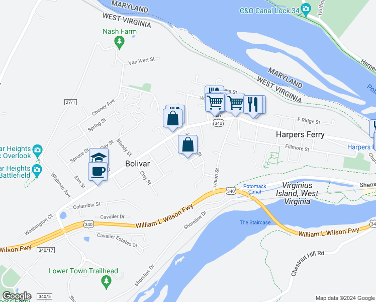 map of restaurants, bars, coffee shops, grocery stores, and more near 32 Park Avenue in Harpers Ferry