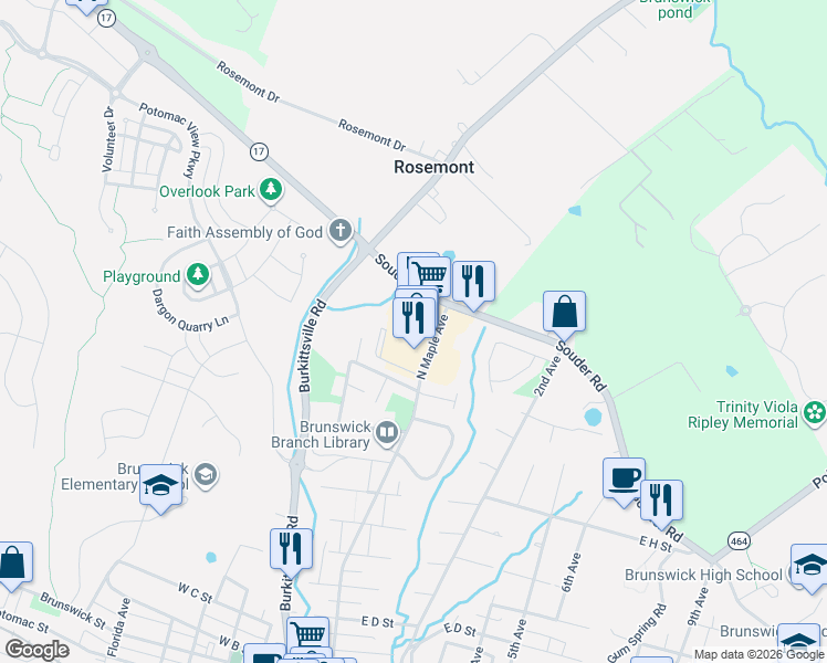 map of restaurants, bars, coffee shops, grocery stores, and more near 1302 North Maple Avenue in Brunswick