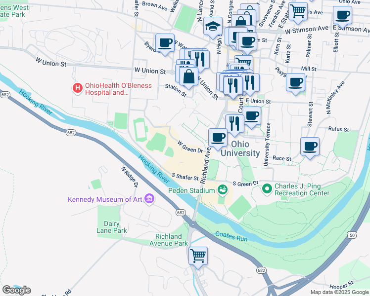 map of restaurants, bars, coffee shops, grocery stores, and more near 36-38 West Green Drive in Athens