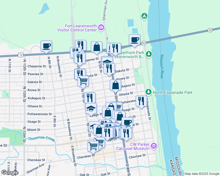 map of restaurants, bars, coffee shops, grocery stores, and more near 409 Kickapoo Street in Leavenworth