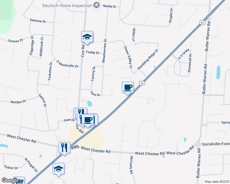 map of restaurants, bars, coffee shops, grocery stores, and more near 7961 Tara Drive in Butler County