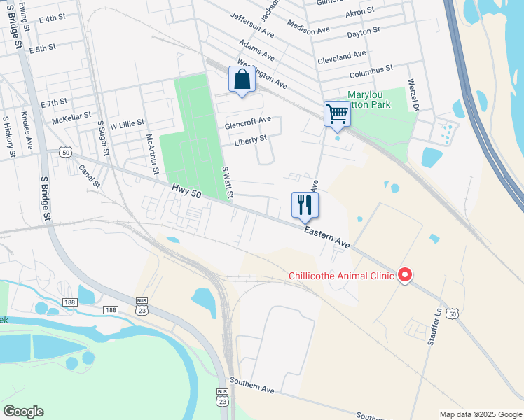 map of restaurants, bars, coffee shops, grocery stores, and more near 777 Eastern Avenue in Chillicothe