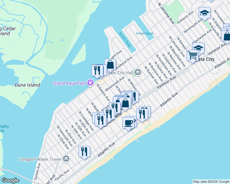 map of restaurants, bars, coffee shops, grocery stores, and more near 108 North Washington Avenue in Margate City