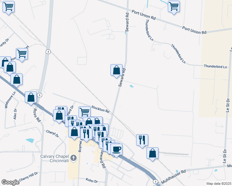 map of restaurants, bars, coffee shops, grocery stores, and more near 9391 Seward Road in Fairfield