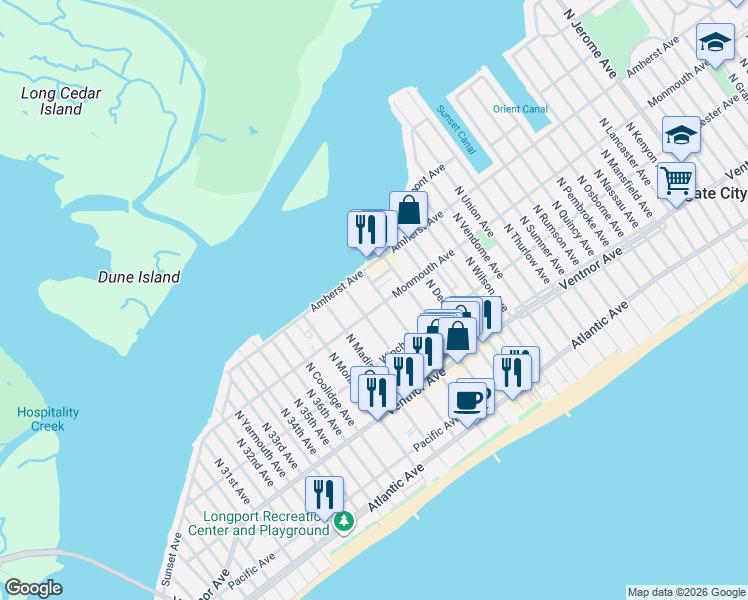 map of restaurants, bars, coffee shops, grocery stores, and more near 130 North Adams Avenue in Margate City