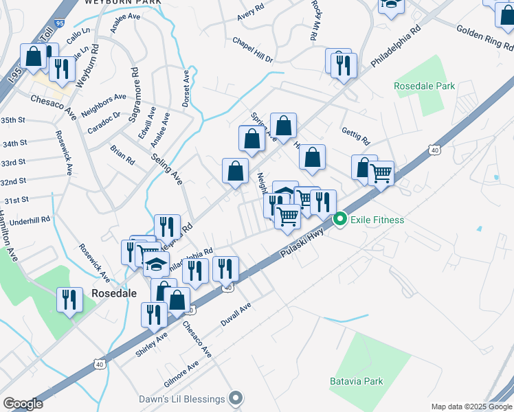 map of restaurants, bars, coffee shops, grocery stores, and more near 1244 Primrose Avenue in Rosedale