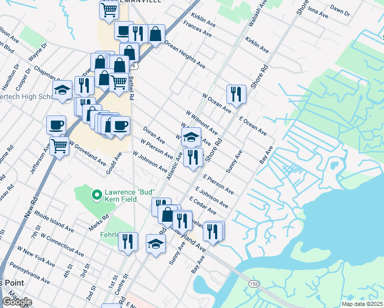 map of restaurants, bars, coffee shops, grocery stores, and more near 22 West Dawes Avenue in Somers Point