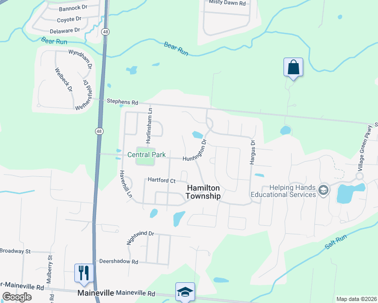 map of restaurants, bars, coffee shops, grocery stores, and more near 7560 Harmill Court in Maineville