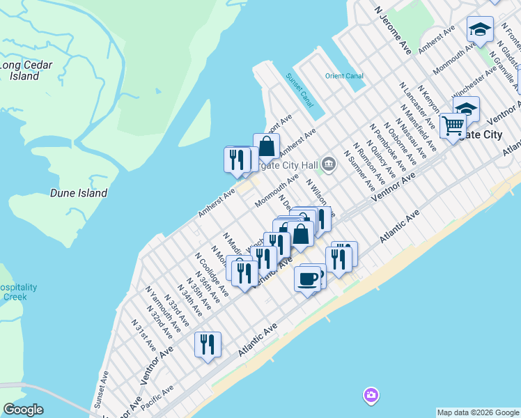 map of restaurants, bars, coffee shops, grocery stores, and more near 130 North Adams Avenue in Margate City