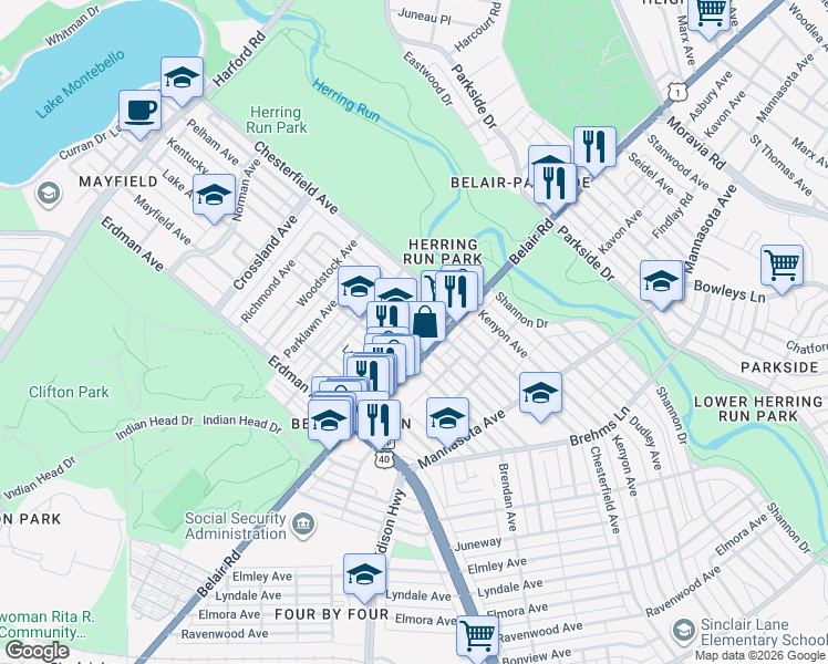 map of restaurants, bars, coffee shops, grocery stores, and more near 2864 Kentucky Avenue in Baltimore