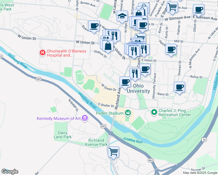 map of restaurants, bars, coffee shops, grocery stores, and more near 16 West Green Drive in Athens