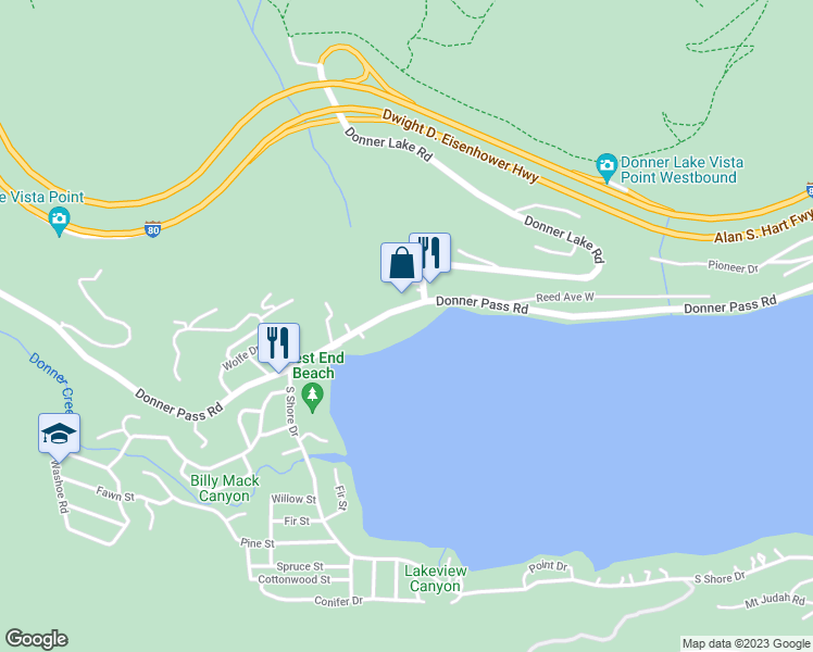 map of restaurants, bars, coffee shops, grocery stores, and more near 15735 Donner Pass Road in Truckee