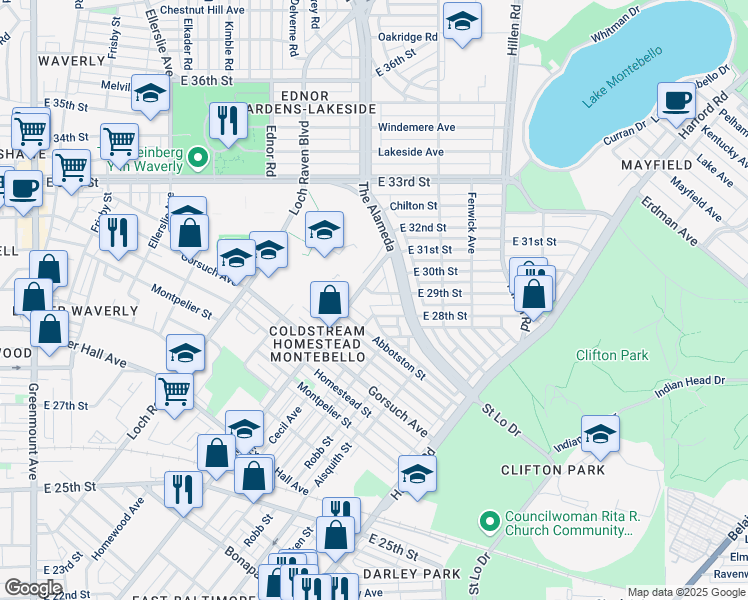 map of restaurants, bars, coffee shops, grocery stores, and more near 1517 East 29th Street in Baltimore