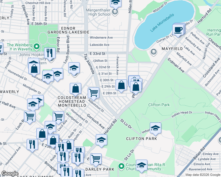 map of restaurants, bars, coffee shops, grocery stores, and more near 1703 East 29th Street in Baltimore
