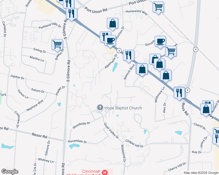 map of restaurants, bars, coffee shops, grocery stores, and more near 140 Highridge Court in Fairfield