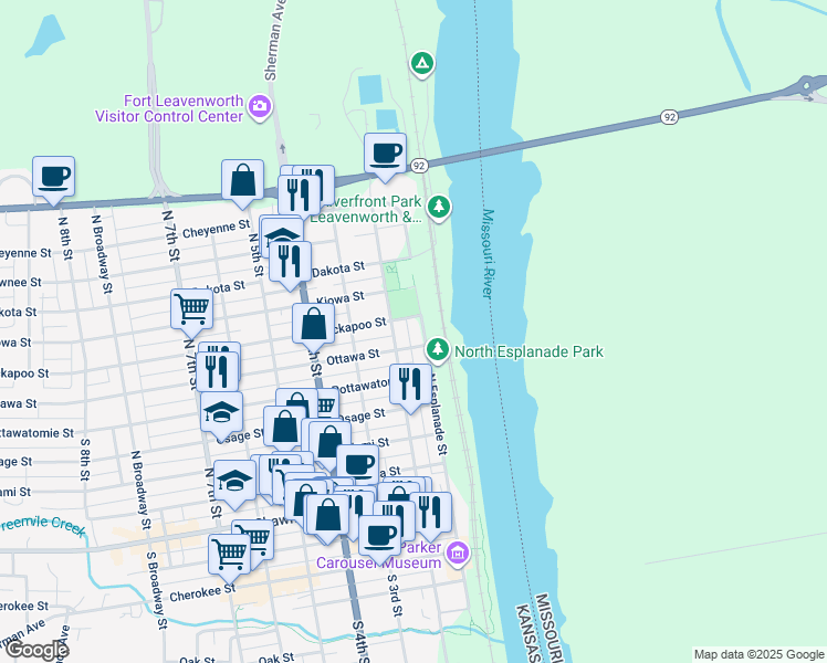 map of restaurants, bars, coffee shops, grocery stores, and more near 517 North Esplanade Street in Leavenworth