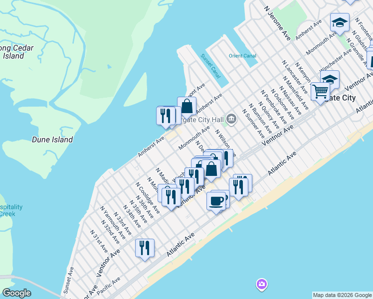 map of restaurants, bars, coffee shops, grocery stores, and more near 108 North Washington Avenue in Margate City