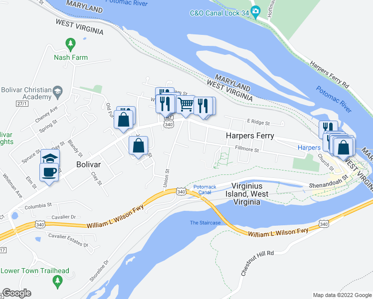 map of restaurants, bars, coffee shops, grocery stores, and more near 58 Mason Way in Harpers Ferry