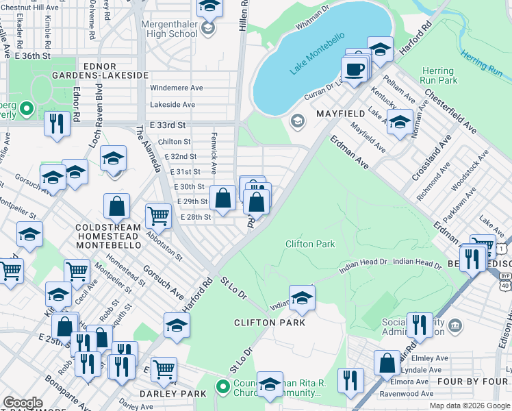 map of restaurants, bars, coffee shops, grocery stores, and more near 1913 East 29th Street in Baltimore