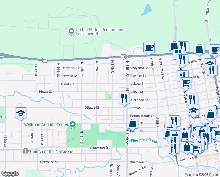 map of restaurants, bars, coffee shops, grocery stores, and more near 717 North 11th Street in Leavenworth