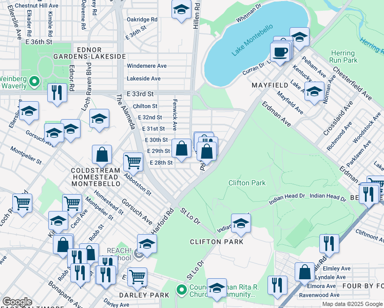 map of restaurants, bars, coffee shops, grocery stores, and more near 1839 East 29th Street in Baltimore