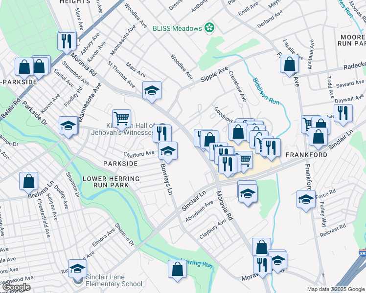 map of restaurants, bars, coffee shops, grocery stores, and more near 5001 Moravia Road in Baltimore