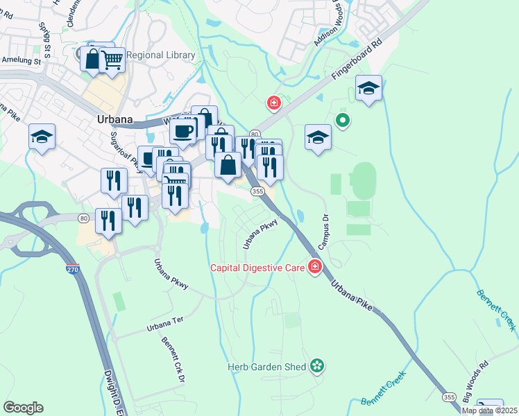 map of restaurants, bars, coffee shops, grocery stores, and more near 3520 Starlight Street in Frederick