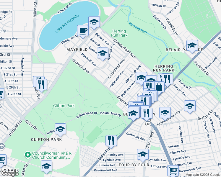 map of restaurants, bars, coffee shops, grocery stores, and more near 2602 Erdman Avenue in Baltimore