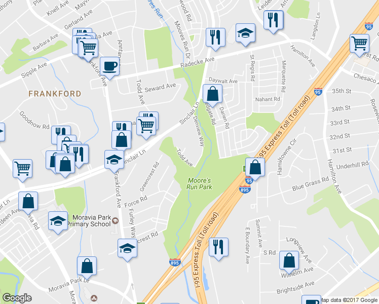 map of restaurants, bars, coffee shops, grocery stores, and more near 5000 Denview Way in Baltimore