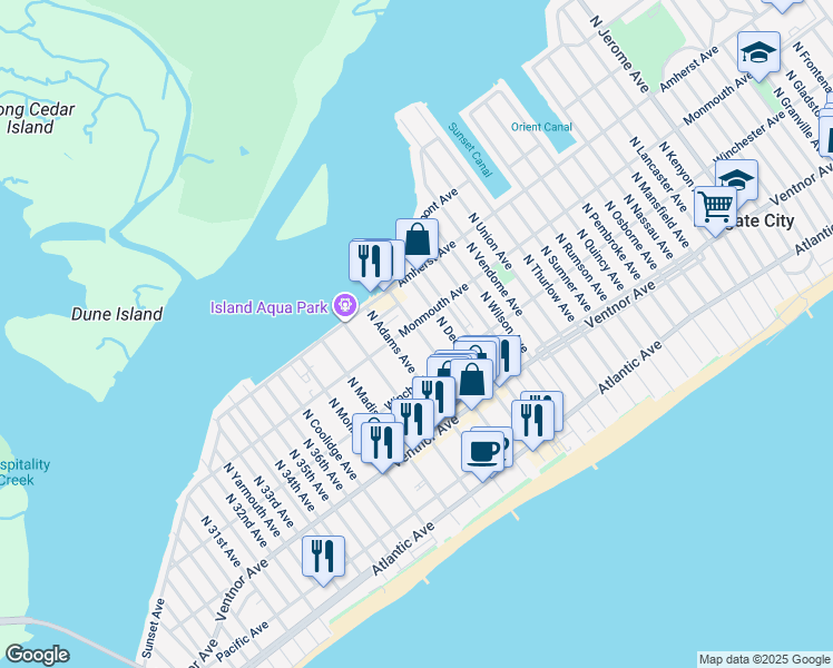 map of restaurants, bars, coffee shops, grocery stores, and more near 108 North Washington Avenue in Margate City