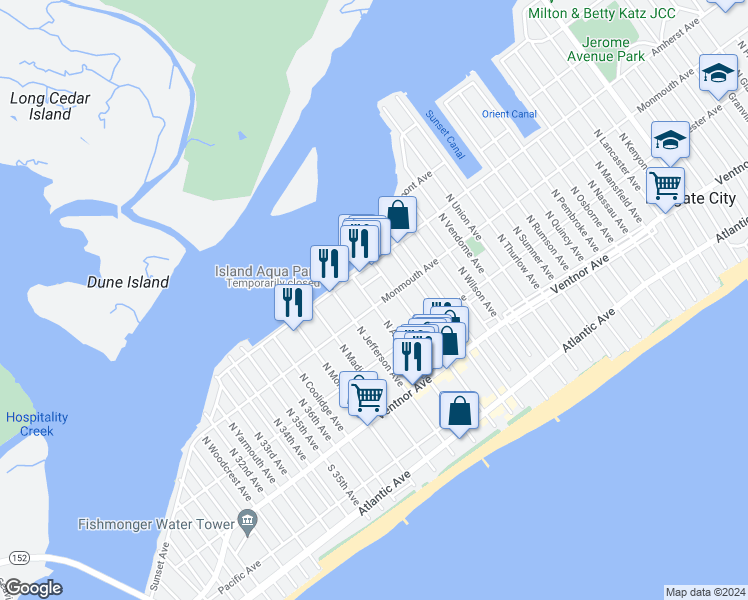 map of restaurants, bars, coffee shops, grocery stores, and more near 130 North Adams Avenue in Margate City