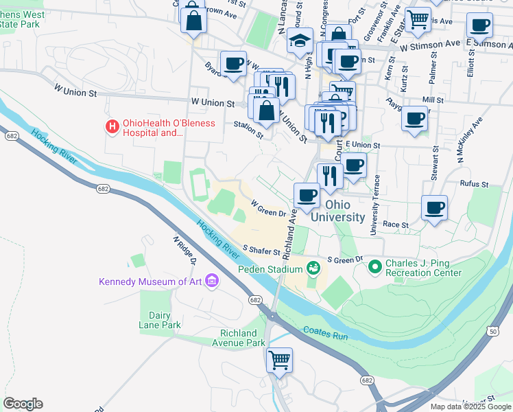 map of restaurants, bars, coffee shops, grocery stores, and more near 78 W Green Dr in Athens