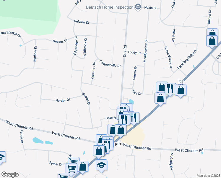map of restaurants, bars, coffee shops, grocery stores, and more near 7755 Parktown Drive in Butler County