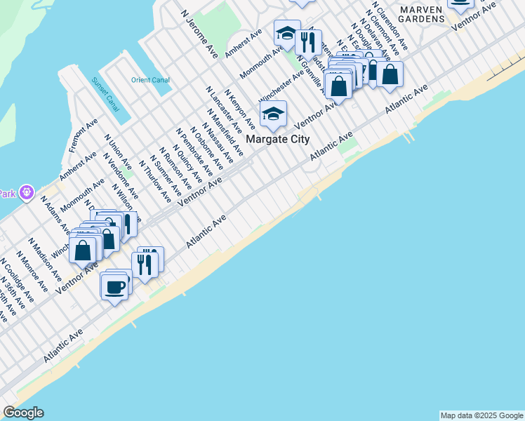 map of restaurants, bars, coffee shops, grocery stores, and more near 110 South Nassau Avenue in Margate City