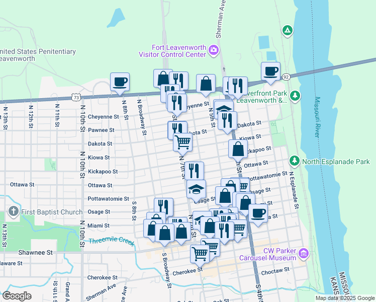 map of restaurants, bars, coffee shops, grocery stores, and more near 705 North 7th Street in Leavenworth