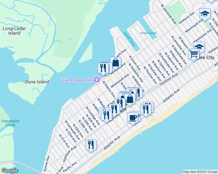 map of restaurants, bars, coffee shops, grocery stores, and more near 130 North Adams Avenue in Margate City