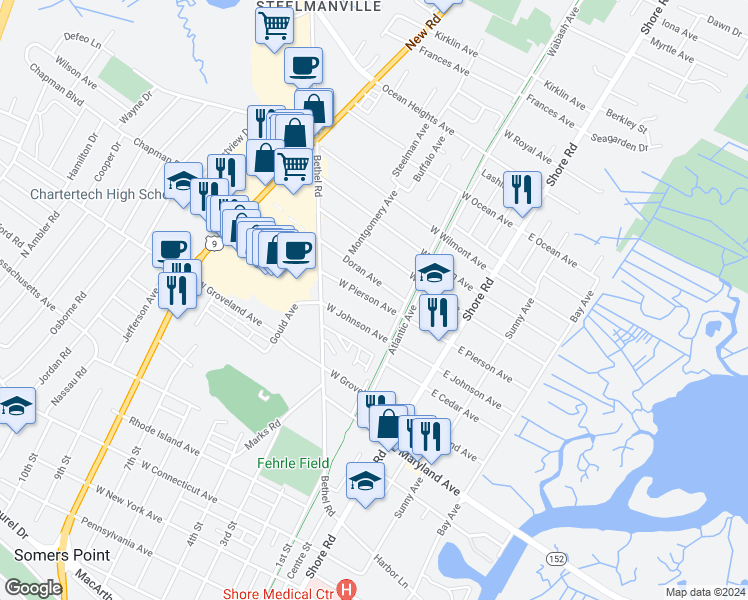 map of restaurants, bars, coffee shops, grocery stores, and more near 118 West Pierson Avenue in Somers Point