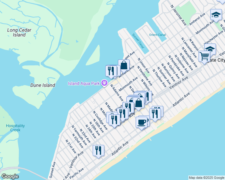 map of restaurants, bars, coffee shops, grocery stores, and more near 206 North Adams Avenue in Margate City