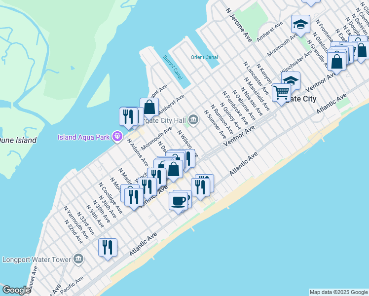 map of restaurants, bars, coffee shops, grocery stores, and more near 9 North Harding Avenue in Margate City