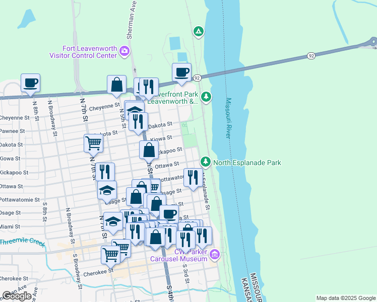 map of restaurants, bars, coffee shops, grocery stores, and more near 517 North Esplanade Street in Leavenworth