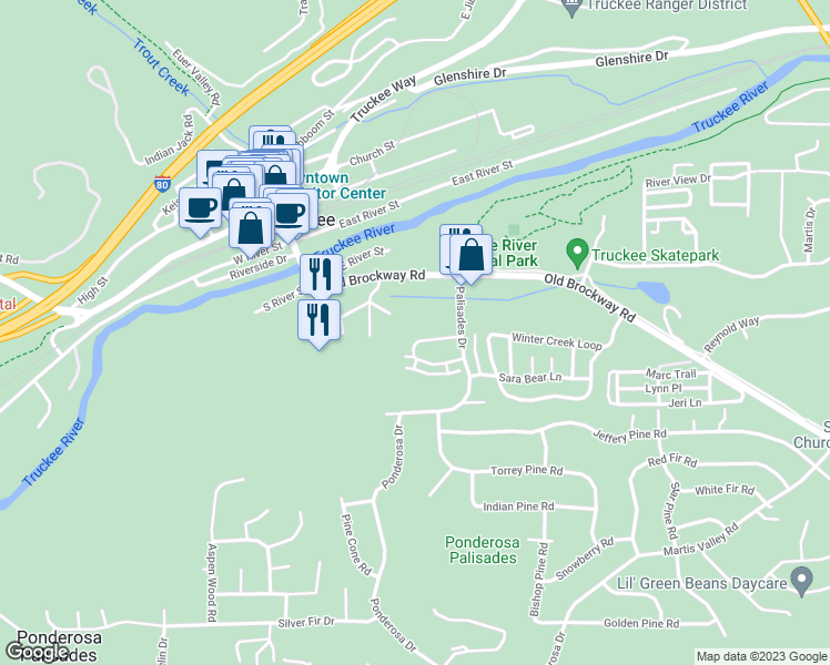 map of restaurants, bars, coffee shops, grocery stores, and more near 10300 Schaffer Drive in Truckee