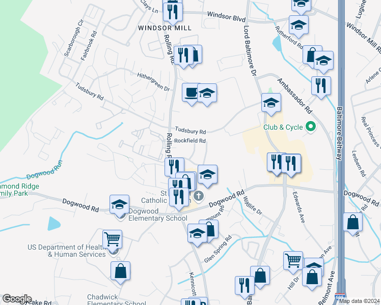 map of restaurants, bars, coffee shops, grocery stores, and more near 2412 Potterfield Road in Milford Mill