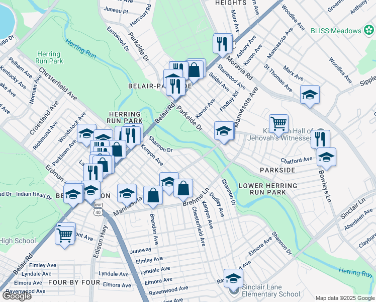 map of restaurants, bars, coffee shops, grocery stores, and more near 3217 Shannon Drive in Baltimore