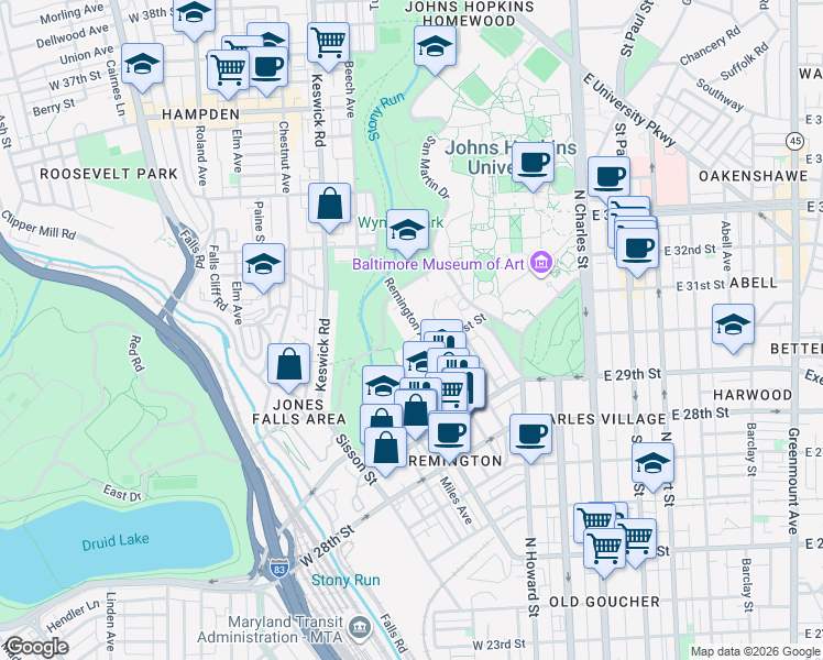 map of restaurants, bars, coffee shops, grocery stores, and more near 3132 Remington Avenue in Baltimore