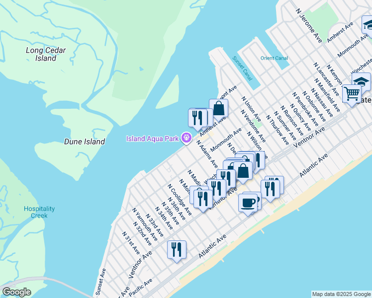 map of restaurants, bars, coffee shops, grocery stores, and more near 9503 Monmouth Avenue in Margate City
