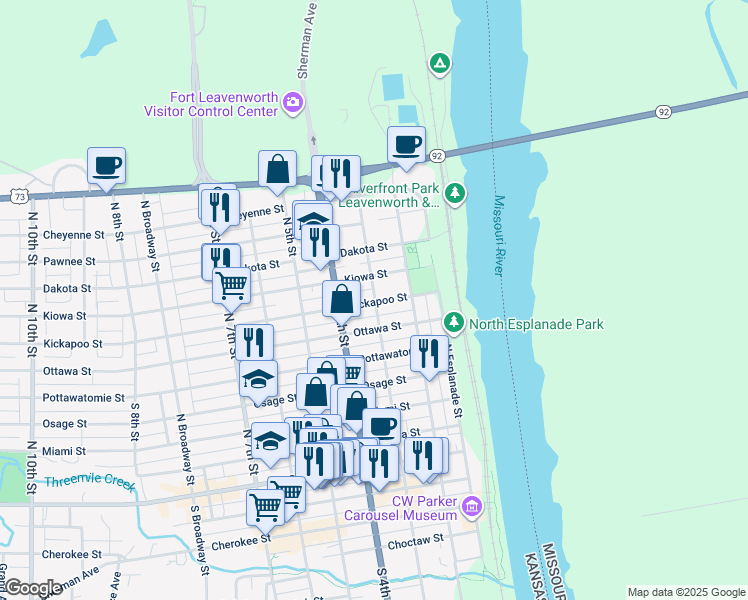 map of restaurants, bars, coffee shops, grocery stores, and more near 314 Ottawa Street in Leavenworth