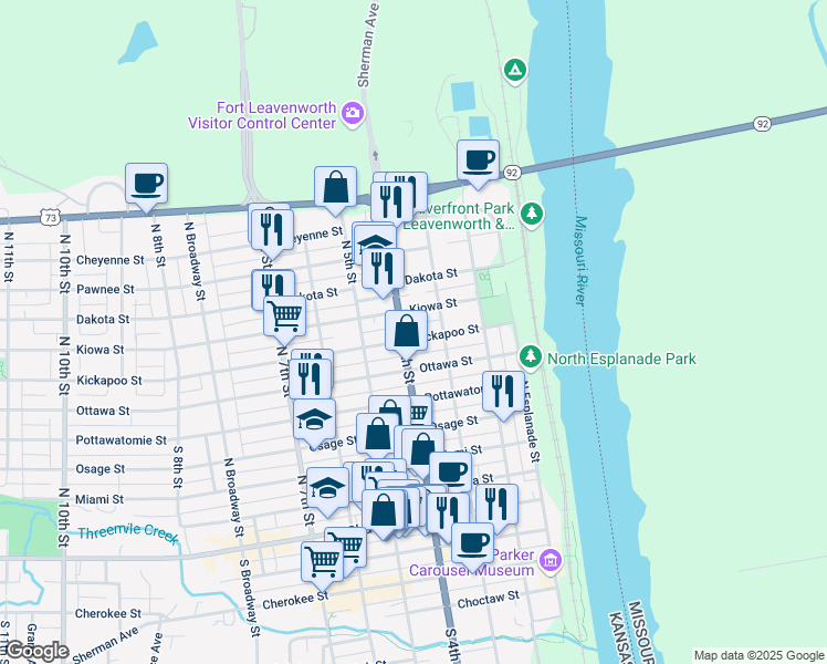 map of restaurants, bars, coffee shops, grocery stores, and more near 314 Ottawa Street in Leavenworth
