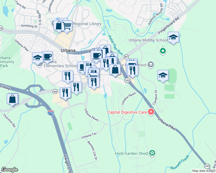 map of restaurants, bars, coffee shops, grocery stores, and more near 3300 Centennial Way in Ijamsville