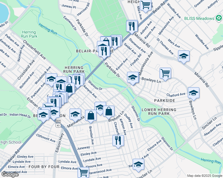 map of restaurants, bars, coffee shops, grocery stores, and more near 3217 Shannon Drive in Baltimore