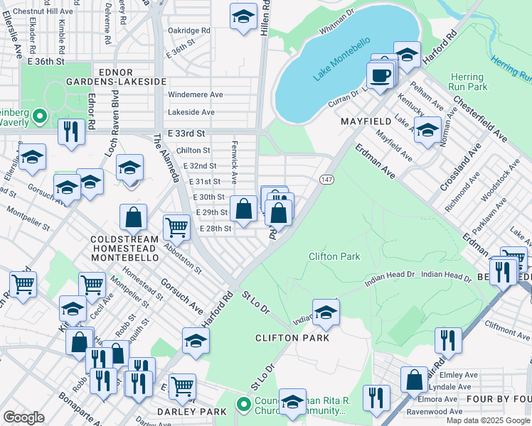 map of restaurants, bars, coffee shops, grocery stores, and more near Hillen Rd & E 29th St in Baltimore